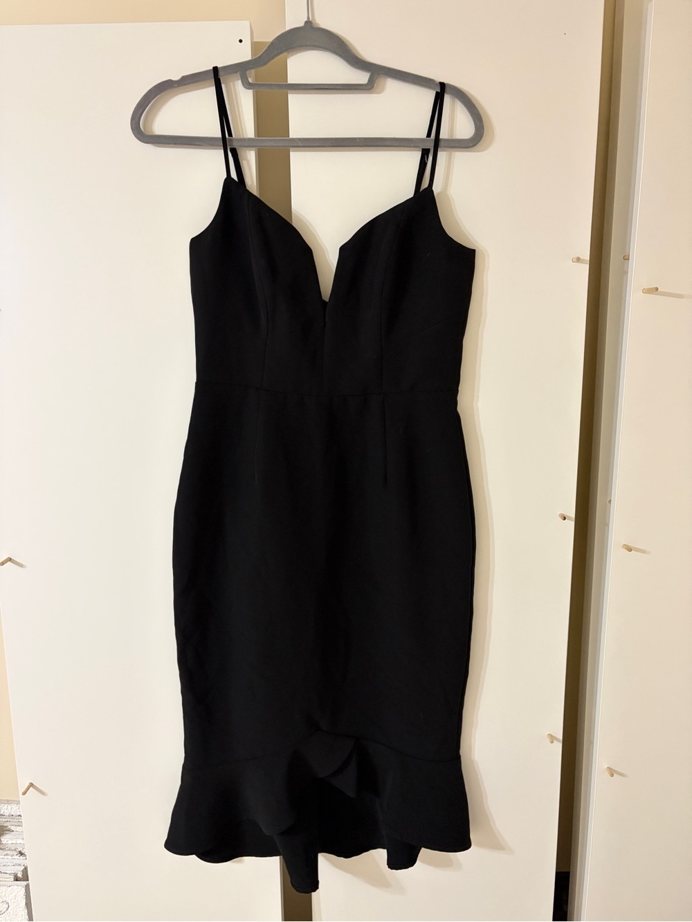 REVOLVE Bardot Black Midi Sheath Dress with Ruffle Hem| size 6